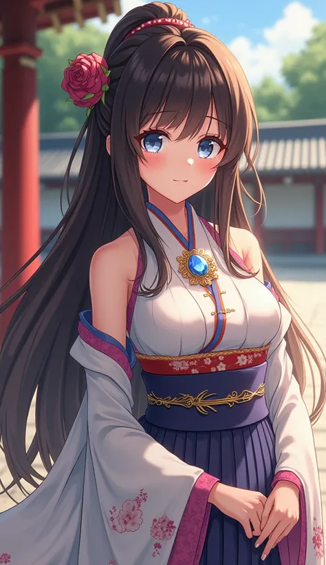 1 , loose hair, Hime Court, Half stuck,  dark brown hair ,  Very long hair , blue eyes, Jewel, traditional Japanese clothing, anime girl,  anime style,large breasts, cloed mouth