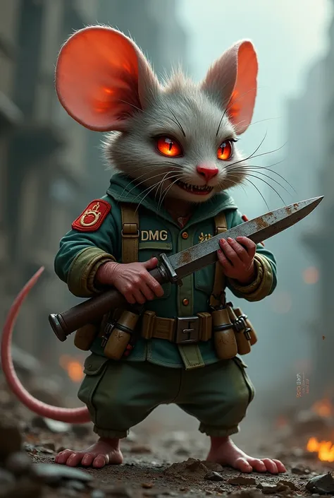 A humanoid mouse dressed as a soldier with a crazy red-eyed face has a knife between its teeth  a machine gun on bag the letters DMG are on its uniform its face is soiled with gress.  There are grenades hanging around the waist . And a war scenario behind ...