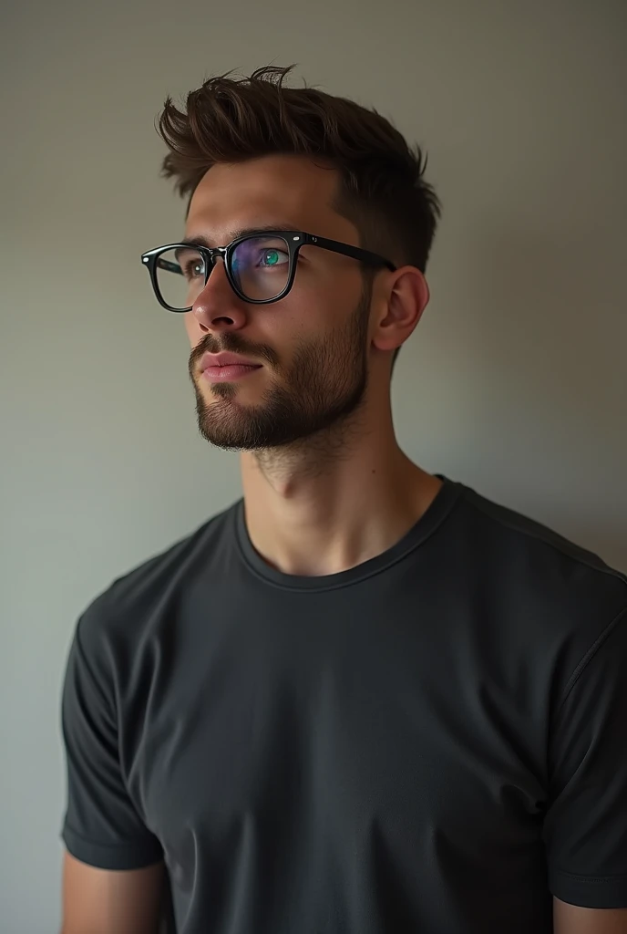 A 27-year-old boy who measures 1 .83 meters ,  weighs 74 kilos and is a Cancer sign with a rising in Libra, short beard, basic dark t-shirt ,  glasses with black frames
