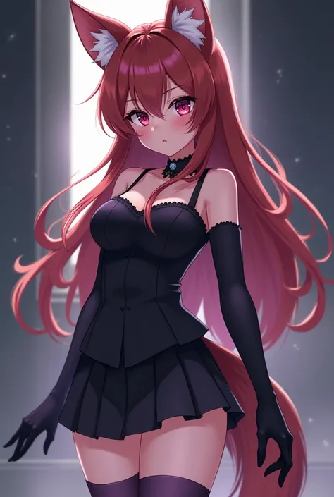  Beautiful girl with long hair and red brown,  with blouse with shoulder straps black color , black miniskirt ,  soft purple knee-length stockings ,  wolf ears and wolf tail ,  anime style ,  and gloves up to the codis color black 