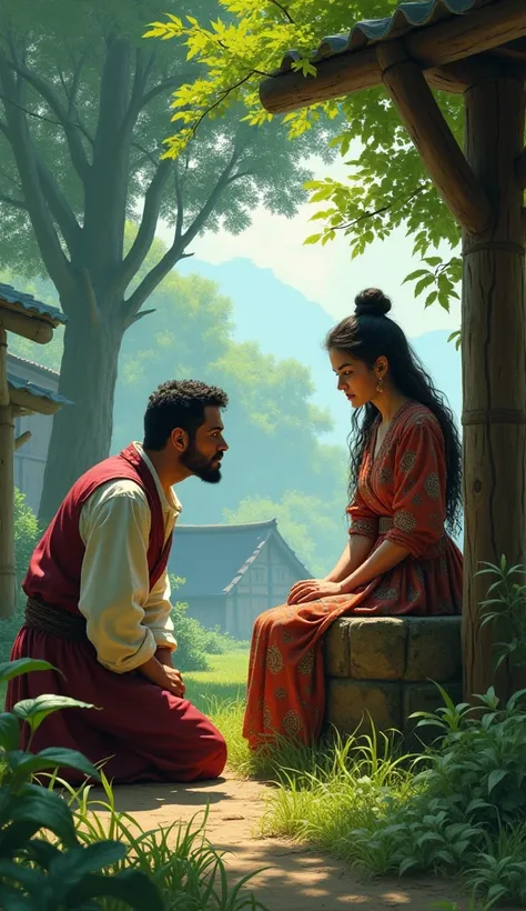 A woman who is sitting near a well and a man who is sitting on the ground in front of her with folded hands is apologizing to her. The woman is very strict and the man is very scared. This scene is of a village where there are trees and plants all around. 