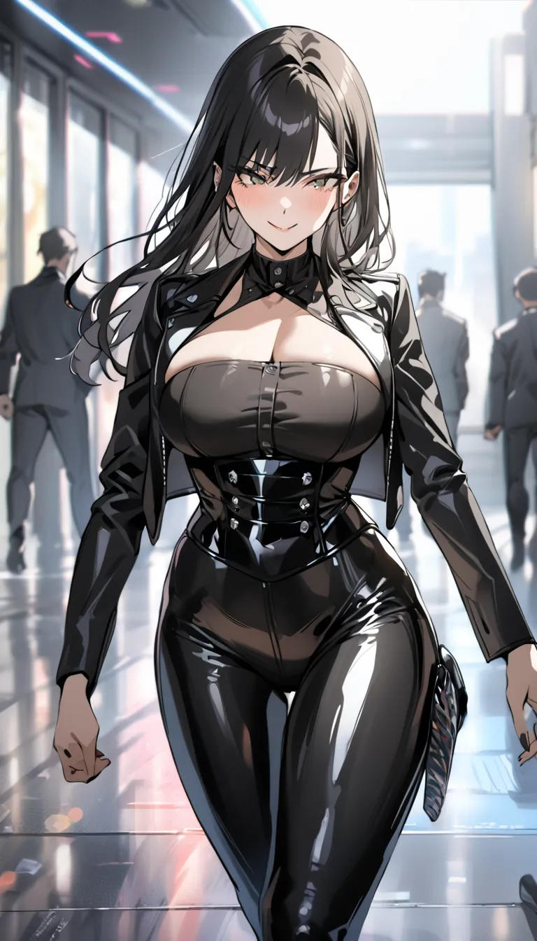 (masterpiece, best quality), 1girl, serleena, mib 2, sexy, HD, long black hair, serious smile, silver necklake, Big breast, black leather jacket, black latex corset, black leather pants, perfect body, walking pose, Marin kitagawa