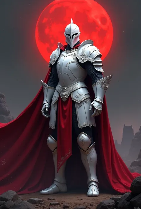  White Armor Royal Guard in a cool red robe, under the blood moon 
