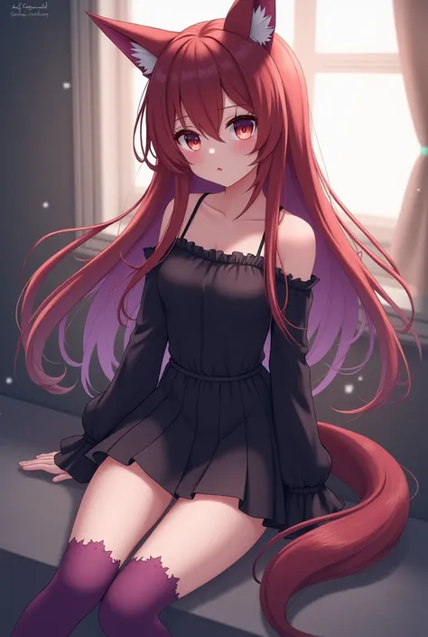  Beautiful girl with long hair and red brown, with black shoulder straps blouse , black miniskirt ,  knee-length socks in soft purple ,  wolf ears and wolf tail ,  anime style ,  and gloves up to the codis in soft purple