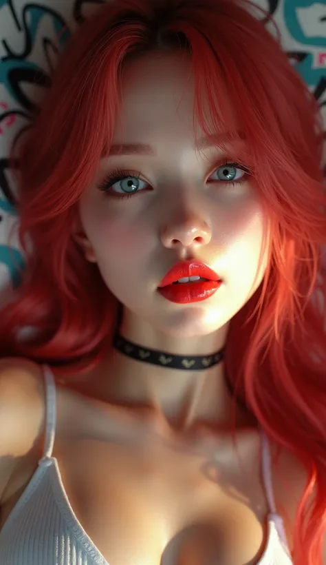  realism, Realistic,   super realistic detail :  Velvet Skin , ((full body)),red head Japanese cute girl,23, Symmetrical lips, Bright shiny red_lipstick, Long Blue_ eyelash ,   ultra realistic 8K CG, masterpiece,((full body)) ,  best quality,  intricate de...