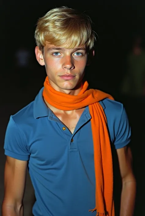 Fred Jones: Young Man, short, combed blonde hair, blue polo shirt with orange scarf, fair skin, detailed and shiny blonde strands, intense blue eyes, athletic and proportionate body, compact body Photo taken at night, dark fantasy aesthetic from the 1990s ...