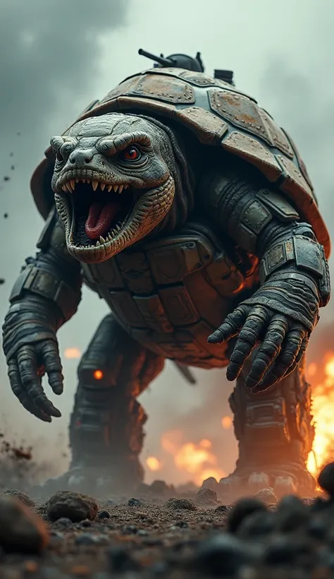 Design a 4K hybrid creature combining the features of a turtle and a tank. The shell of the turtle merges with the heavy armor and turret of the tank, forming a monstrous, dangerous appearance. The creatures face is a terrifying mix of reptilian fury and m...