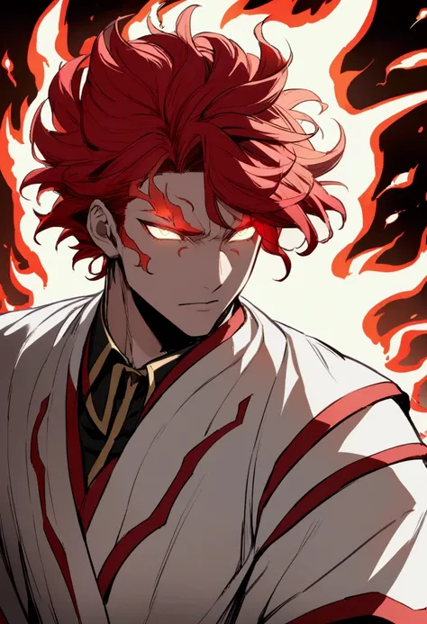 man, red hair, fire hair, white eyes, glowing eyes , short hair, handsome, white fire, white fire aura, wrath, kaioken