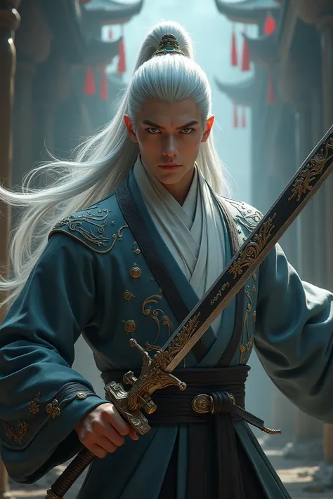 ADULT 3D MALE WITH PALE WHITE EYE , SILVER COLOUR HAIR, CHINESE OUTFIT , HOLDING A LEGENDARY SWORD, LONG HAIR , 