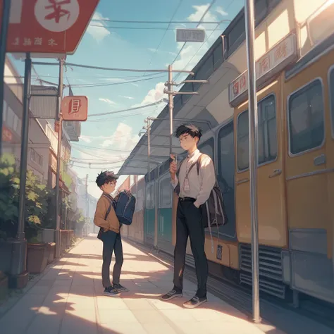 Japanese male junior high school student、 black hair、Wear all clothes 、The background is entering the platform of an urban train station、Heading to the train 