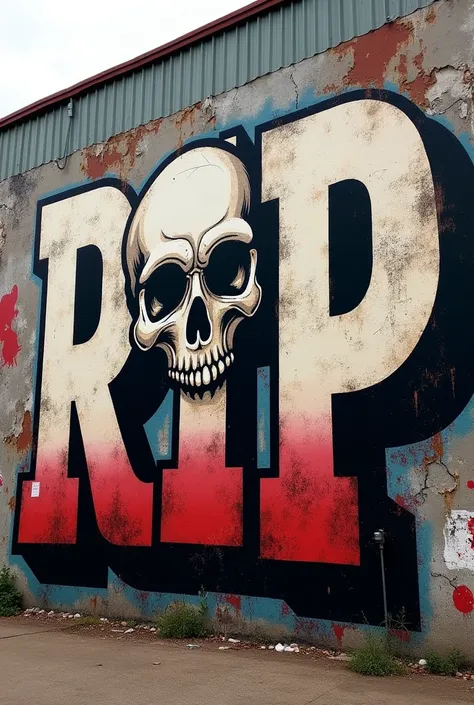 Graffiti on full wall , giant and wide letters that say RIP the letter I in the shape of a skull type old comic