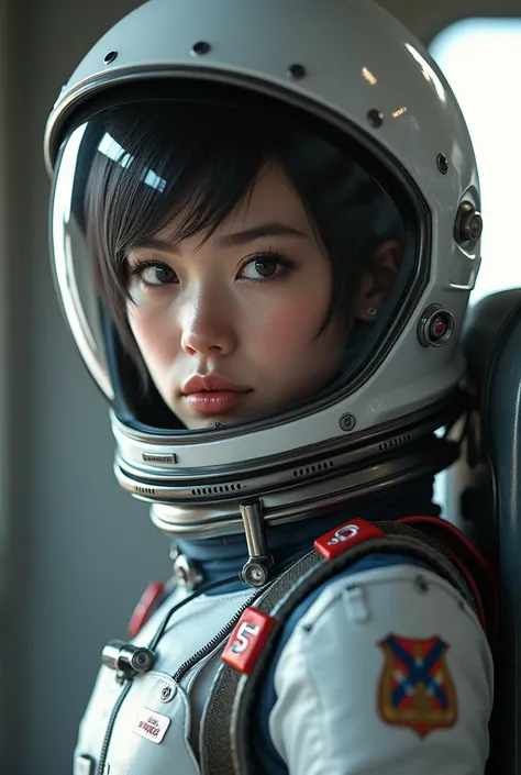 20-year-old cosmonaut,  breast size 3,  realistic photo 