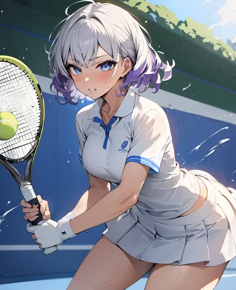 masterpiece、 best quality，One high school girl， Silver Hair，Short hairstyles on the side ， blue eyes， short cut hair、Tennis Spray Final Match ，High school tennis club captain， dynamic sports motion 、The moment I hit the ball with my racket 、 Aphrodisiac Ap...