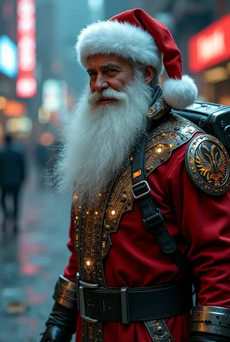 man dressed as cybernetical Santaclos with a Phoenix engraved on his costume