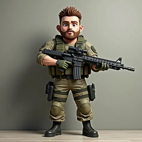 Military man with AR15 in his hand with 3D chibi-style tactical equipment on a background wall