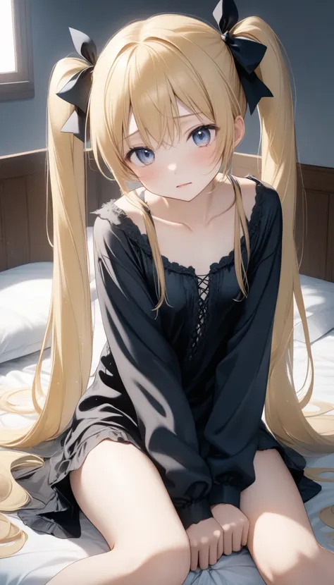  1 cute  girl ,Young Face、 slim figure、Thin legs、８Head to Body、((Beautiful blonde))、( light blue inner color )、(( Very long hair is cute in twin tails, but its disheveled like after strenuous exercise))、((The girl sits flat with her legs spread on the bed ...