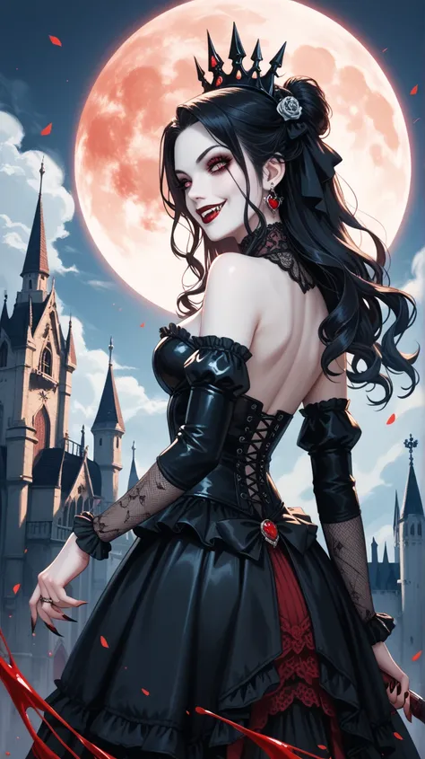  dark fantasy , gothic style, Vampire Queen, Llevando un vestido gothic style,  with a bloodthirsty smile and blood on her face ,  Body, and a blood moon in the background .  The scene takes place in a Gothic castle with lots of bats,  emphasizing pale ski...