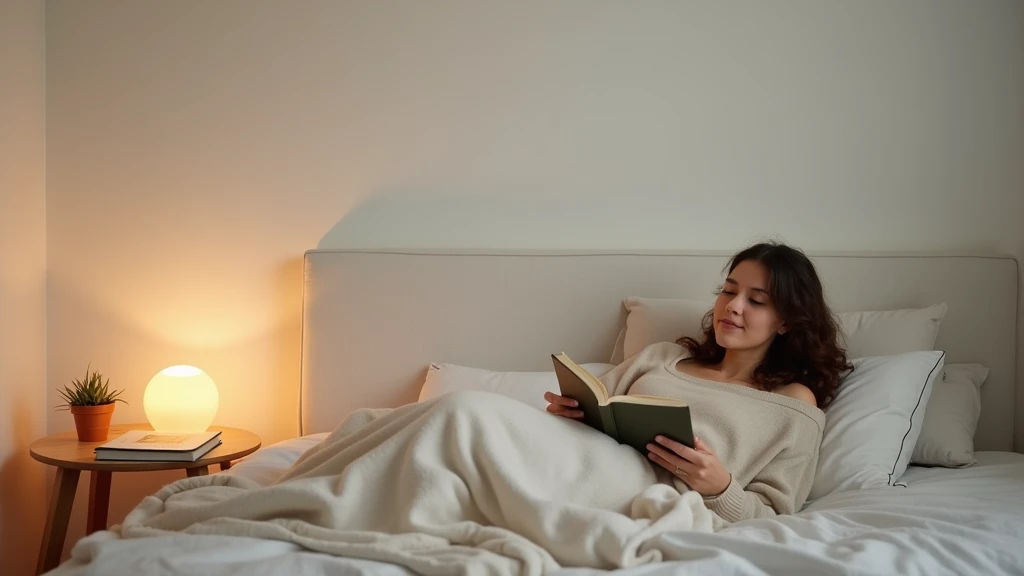  A minimalist bedroom with light walls and a bed in neutral tones,  decorated with soft blankets and pillows .  A night lamp emits a warm light ,  and on a small table there is a book and a small plant . The person is lying down , reading quietly,  enjoyin...