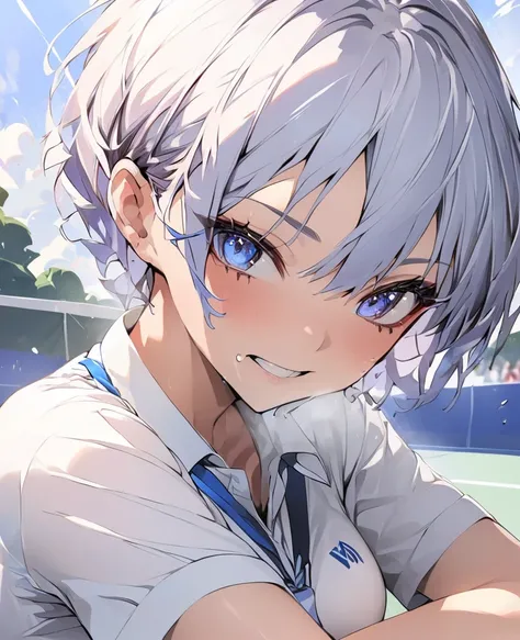 masterpiece、 best quality，One high school girl， Silver Hair，Short hairstyles on the side ， blue eyes， short cut hair、Tennis Spray Final Match ，High school tennis club captain， dynamic sports motion 、The moment I hit the ball with my racket 、 Aphrodisiac Ap...