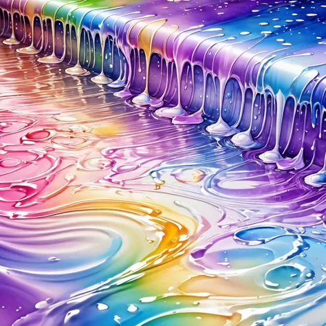 watercolor painting (pouring, dripping, puddling techniques), blurred painting, water-based paint effects, colorful ripples, music notes, hearts, stars, soft fantasy art, delicate and dynamic textures, contrasts of light and shadow, 2.5D, artistic photogra...