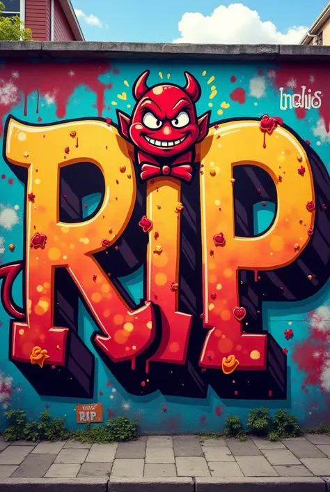 Graffiti with wide and large letters that say RIP with a cartoon style devil