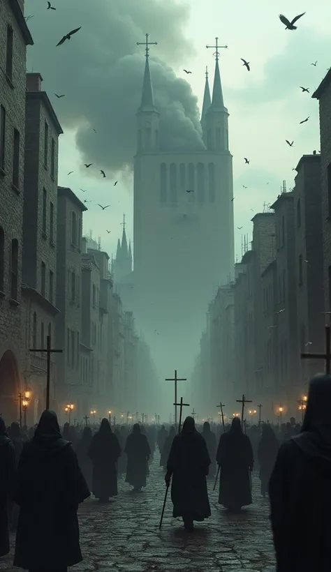 Impact on cities :
" A medieval city full of s covered with blankets,  with desperate people fleeing .  Old stone buildings , dirty streets,  and priests carrying crucifixes while praying .  A gloomy atmosphere with smoke and crows in the sky ."