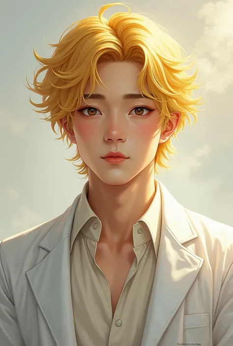 A man with golden hair, handsome like a god, is a white doctor, begging for a painting, no face massage, no massage, as a Korean half- with short hair.