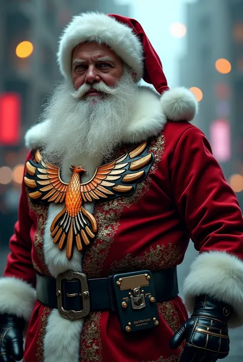 man dressed as cybernetical Santaclos with a Phoenix engraved on his costume