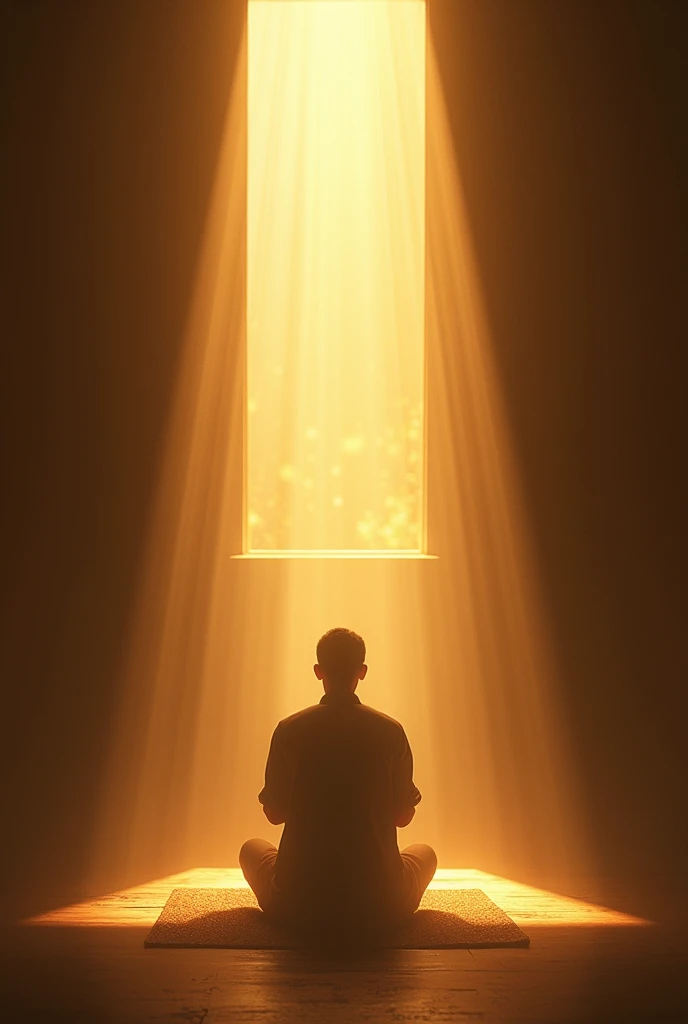 A person praying in a room with stems of light entering through a window transmitting hope 