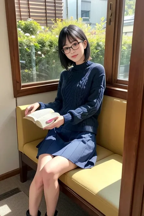 (High Definition), One Female, Japan Person, Cute, Black Hair Short, wearing Cable Knit & Paneling Long Skirt peal Blue Glay for Female, Small Oval Eye Glasses Frame, Sitting on a chair, Leaning on some cushions by window at Coffee room, Cup of coffee & so...