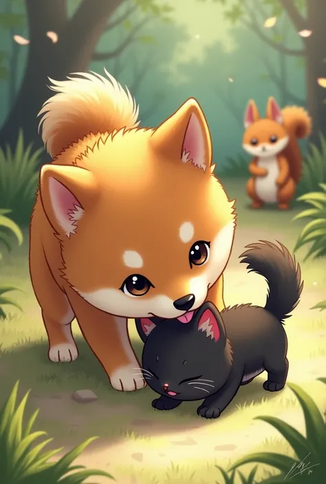 1 shiba puppy sucks 1 black kitten that is injured,Squirrel Cat