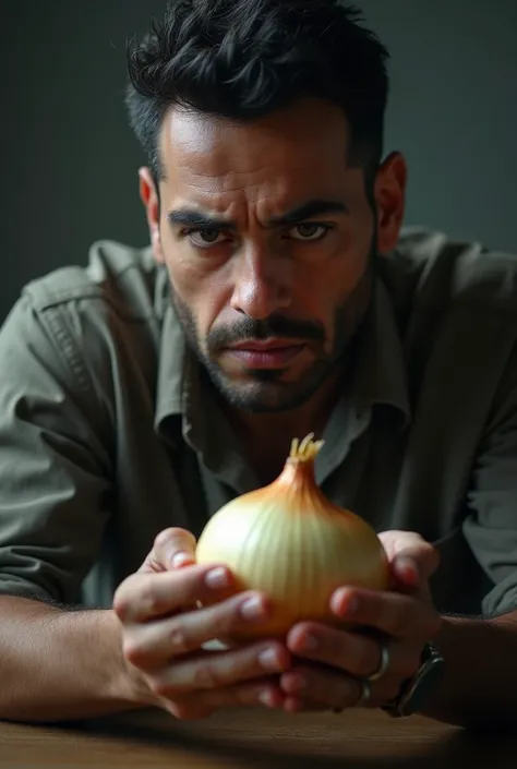 Man holding an onion with a watery eyes  face. 