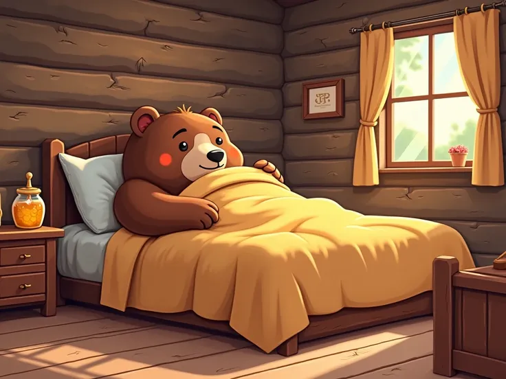  anthropomorphic brown bear wearing a blanket on a large bed in a log house。Honey is placed at the bedside 。Cartoon style