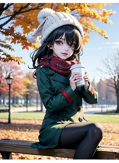 an anime figure sitting on a bench in autumn time setting, holding a coffee cup, autumn leaves, bench, autumn, outdoors, bag, pantyhose, scarf, hat, 1girl, cup, plaid scarf, sitting, smile, blue eyes, red scarf, thighband pantyhose, tree, holding, holding ...