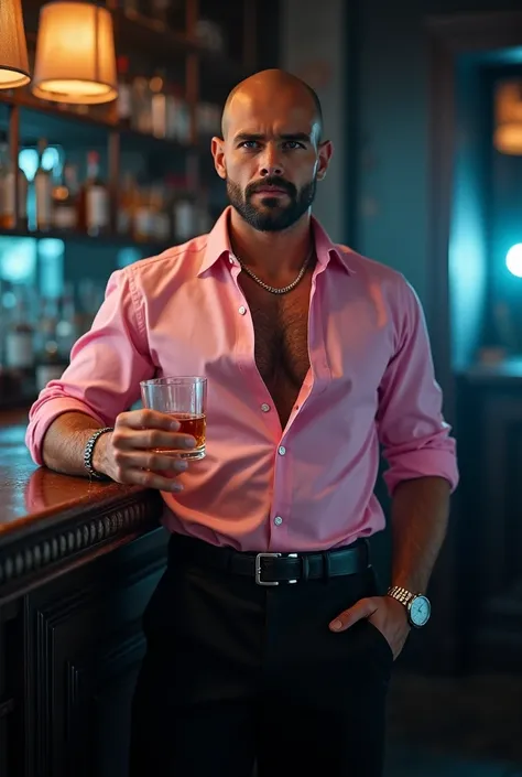 Brazilian man, beautiful, bald, blue eyes, short beard,  full lips ,  looking seductively at the spectator ,  sculptural body,  highly detailed body, defined muscles, Defined abdomen,  thick muscular thighs , strong arms,  wearing a pink shirt with the 3 o...