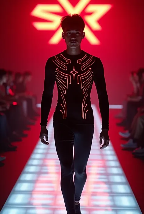 Photorealistic, This image has a fashion show atmosphere that echoes the Chinese opera Face. Model in full body image, young Asian man. Handsome figure wearing a black tight-fitting shirt with a linear pattern, glowing Chinese opera Face with a modern and ...