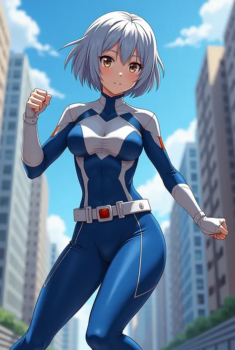 My Hero Academia Style , Anime girl, female, young female ,Full Body Shot,(fighting stance:1.3),Short hair, Silver Hair,  Brown Eyes,Hero Suit, Full Body Suit, Blue suit with white details, perfect anatomy, trained abs,super detailed,(Buildings:1.2）