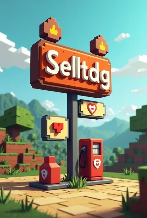 Make me a sign advertising a fake gas station called selltdg in Minecraft style