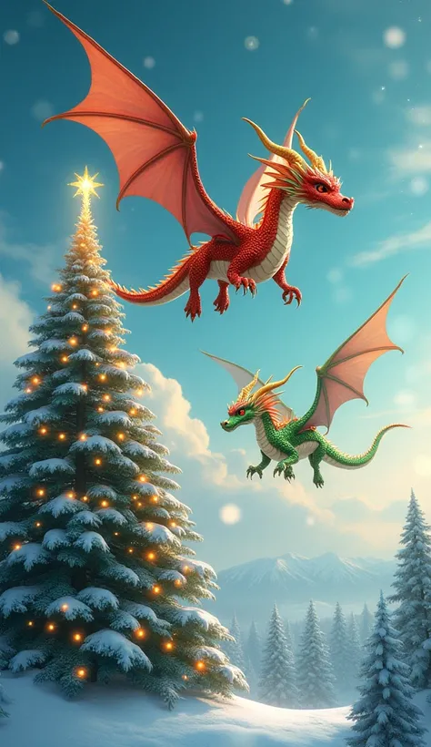 ２ Christmas-colored Japanese featherless dragons flying through the sky。クリスマス🎄カラーの龍
背景クリスマスツリー