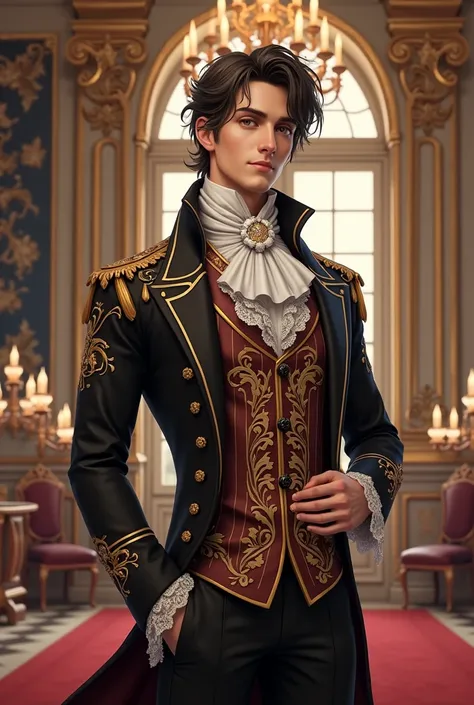 Kaveh from Genshin Impact dressed in French aristocratic clothing