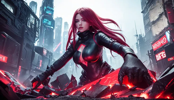 League of legends Splash Art art style, Skin PROJECT, woman with white long hair, covered in black metallic cibernetic tecnology, with red neons. With a Desolated expression, holding her head with both hands, on a futuristic destroyed city, on a red ambien...