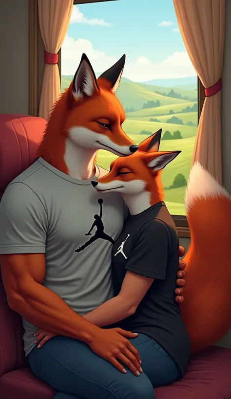 Create a beautiful scene featuring a fox couple. The male fox is muscular and attractive with a sleek reddish coat and a bushy tail, wearing a light grey t-shirt with a prominent Jordan logo. His strong arms are gently wrapped around the female fox. The fe...