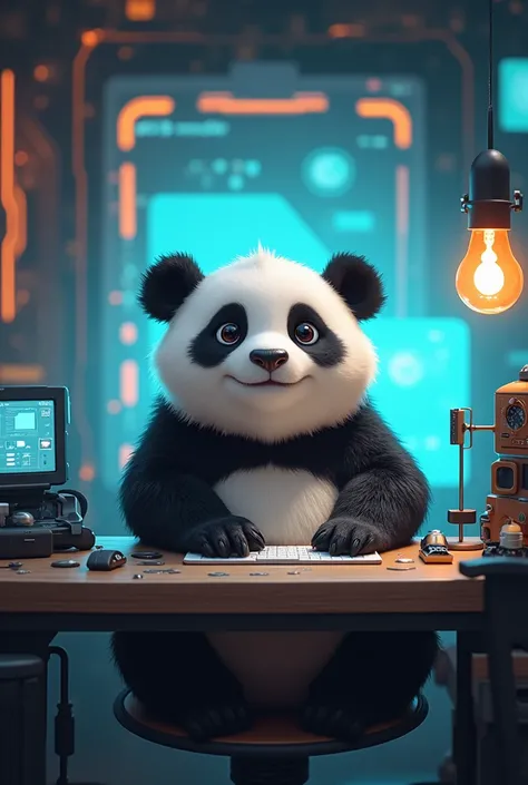 : "A cute, chubby, cartoonish, and realistic panda sitting at a desk, surrounded by futuristic gadgets and a glowing AI screen, looking amazed and curious."