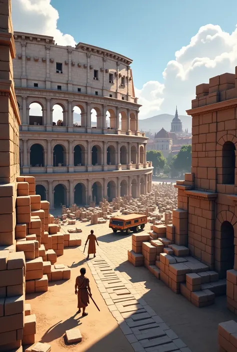 " Create an image of a video game set in video ancient Rome , combining elements of Minecraft and Fortnite .  The player is a Roman architect building the Colosseum .  The world has an open map with Roman architecture and pixelated Minecraft-style textures...