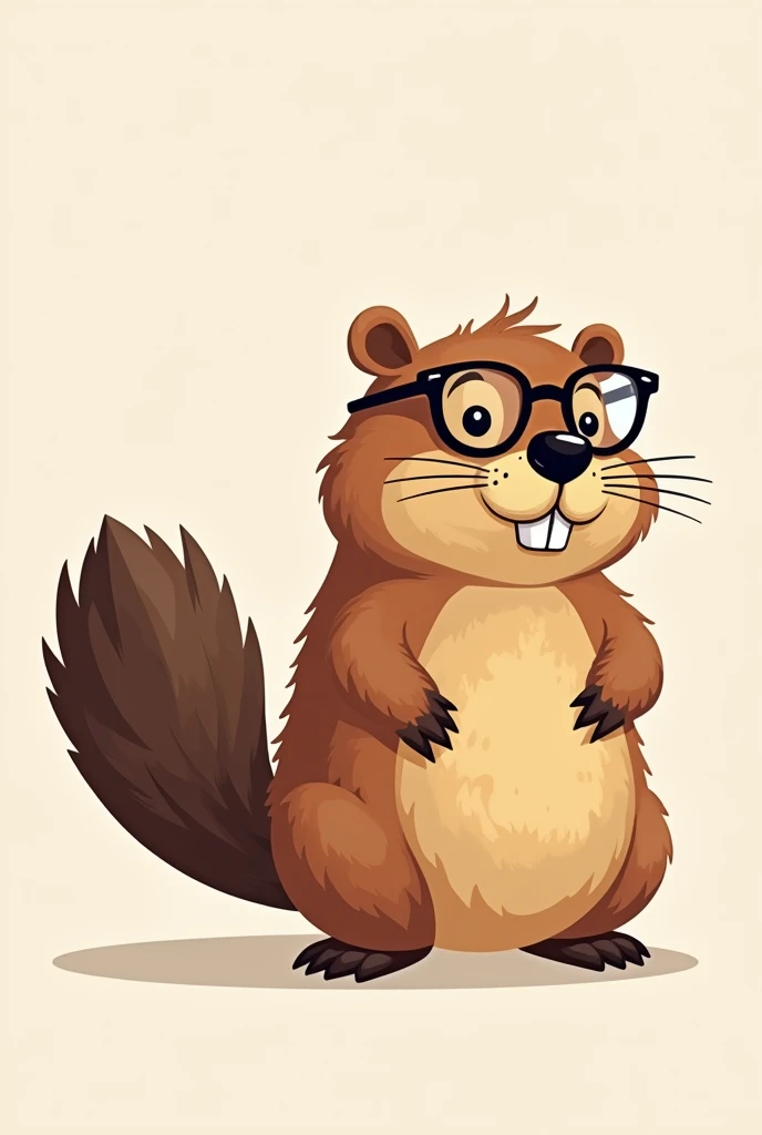 cartoon of a beaver, wearing glasses, thick beaver tail.