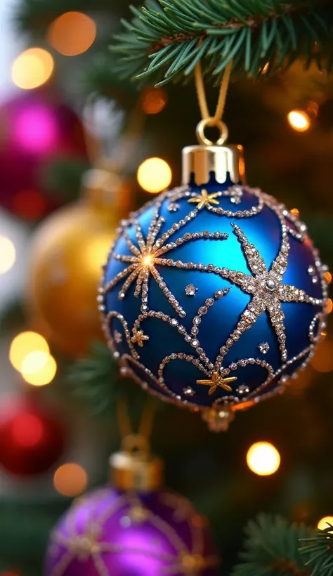 The image showcases a close-up of a beautifully decorated Christmas tree branch adorned with intricate ornaments. The ornaments are spherical and display vibrant colors such as blue, purple, yellow, red, and pink. Each ornament is embellished with delicate...