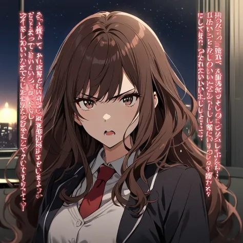 1 girl,  old boy,  black school uniform , red tie,  long hair , Dark brown wavy hair,  in a classroom, night, serious look, Open mouth,  lyrics, Detailed 