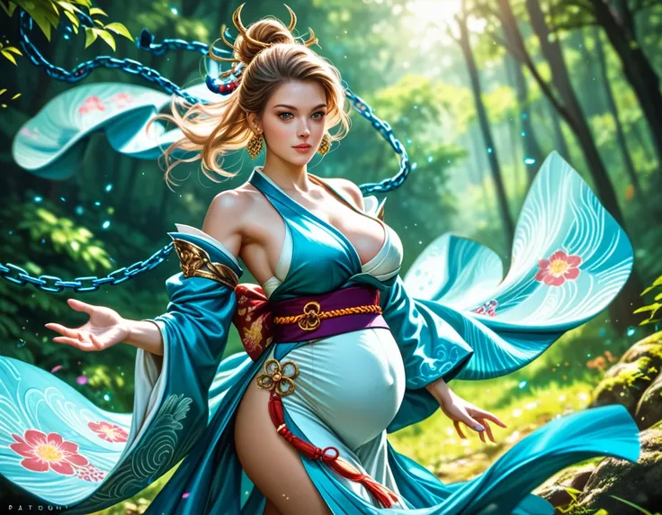 masterpiece ,  extremely delicate and beautiful  ,  Fine Details  ,  REALISTIC BODY  ,  white skin , Natural Face , whole body , ( dynamic pose :1.2) ,  big full breasts  ,  beautiful jewelry , detached sleeves , Chain earrings , sunlight , In the forest ,...