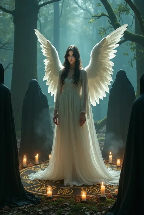 Women , wearing an angel costume in the middle of the forest in the middle of a satanic ritual.