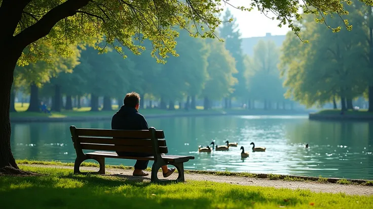 A solitary figure seated on a time-worn wooden bench nestled in the heart of a bustling urban park. The individual is enveloped by an emerald sea of meticulously trimmed grass, punctuated by vibrant arbors of blooming shrubbery that sway gently in the zeph...